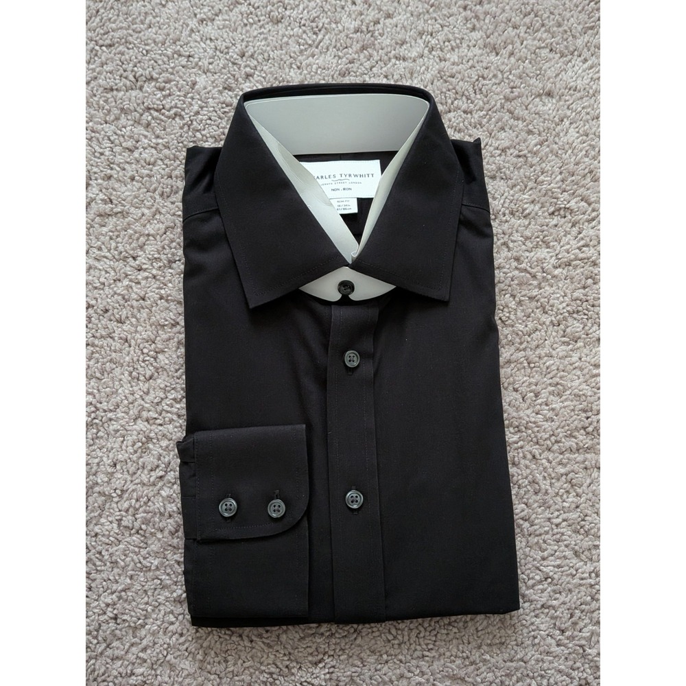 Charles Tyrwhitt Shirt 16/34 Black NonIron Stretch Poplin Slim Fit Button Up NWT
